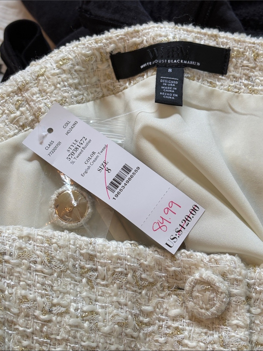 White House Black Market WHBM Tweed Bustier Top Women’s Cream Gold - Size 8 - Picture 5 of 6
